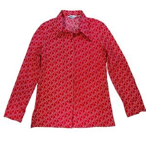 70s Import Corner Red White modernist Geo Print polyester blouse S/M